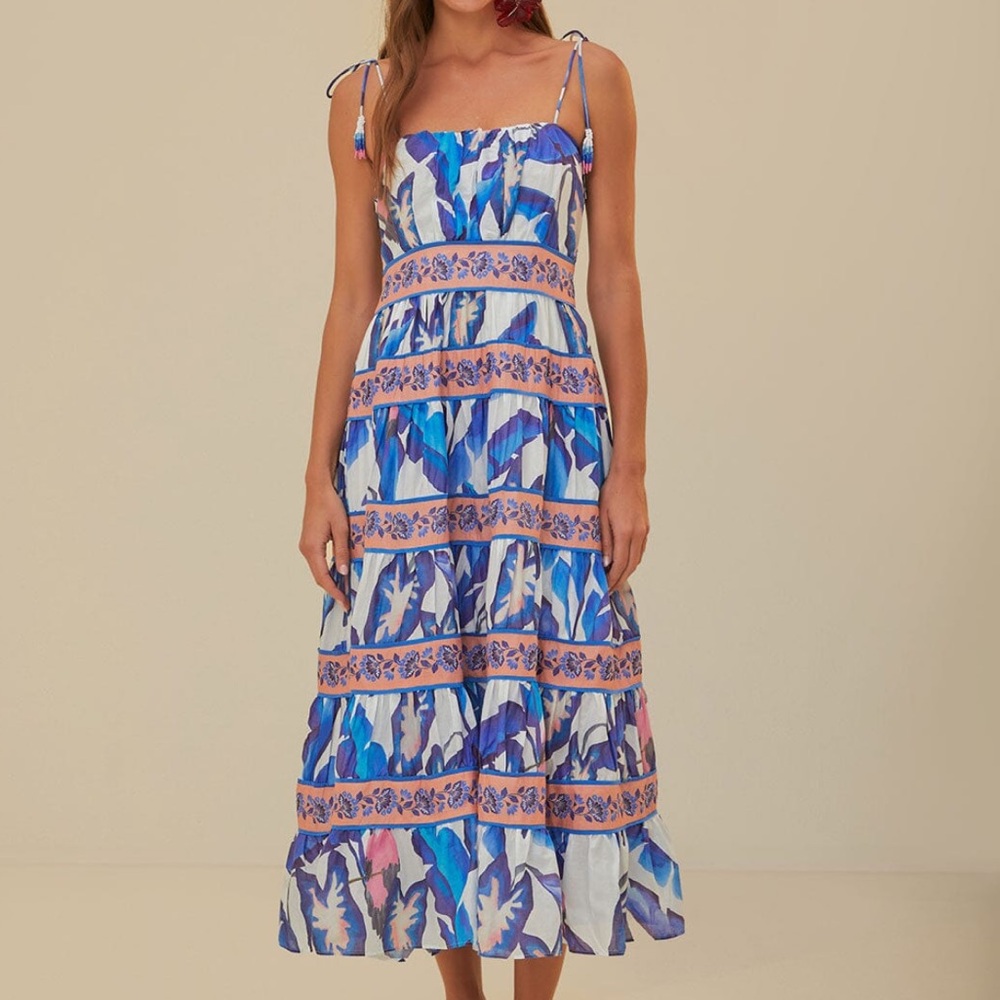 NWT Farm Rio Off-White Blue Foliage Midi Dress
